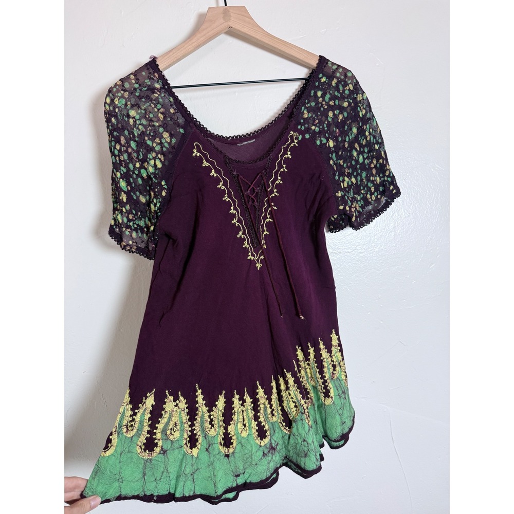 Purple Green Batik Embroidered Tunic Top Whimsigoth Fairycore Boho Y2K